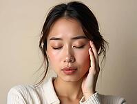 Serene young asian woman closing her eyes and gently touching her face, conveying a sense of tranquility and skincare, AI generated [IBR125621298]