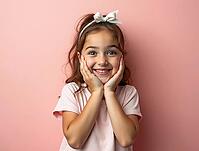 Studio portrait of cheerful girl with white bow holding her cheeks, expressing joy and happiness, AI generated [IBR125621299]