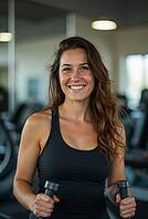 Happy sportswoman exercising on elliptical machine in fitness center, promoting healthy lifestyle, AI generated [IBR125621300]