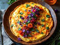 Delicious omelet seasoned with spices and decorated with edible flowers, served on a rustic wooden plate, creating a visually appealing culinary experience, AI generated [IBR125621301]