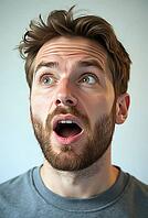 Bearded man expressing shock and surprise, looking upwards with wide open mouth and raised eyebrows against a light colored studio background, AI generated [IBR125621302]