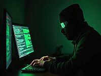 Hacker typing on keyboard while programming on computer in dark room with green code reflecting on face, AI generated [IBR125621303]