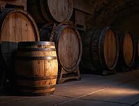 Wine barrels aging in a dark cellar with soft light and shadows, AI generated [IBR125621306]