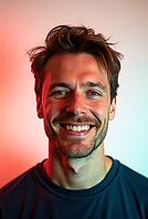 Studio portrait of a cheerful man with perfect teeth smiling against a vibrant, colorful backdrop, AI generated [IBR125621308]