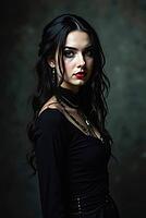 Studio portrait of a gothic model wearing elegant black dress and silver jewelry, AI generated [IBR125621310]