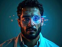 Futuristic portrait of a businessman showcasing holographic face overlay, blending human and digital elements, AI generated [IBR125621313]