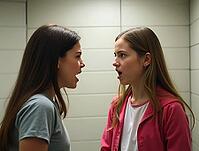 Two teenage girls having a heated argument, raising their voices and expressing disagreement, AI generated [IBR125621314]
