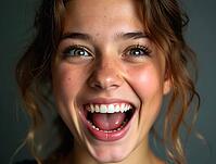 Close-up portrait of a cheerful young woman with freckled skin and wavy hair, expressing excitement and happiness, AI generated [IBR125621315]