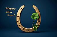 Happy New Year, luxury, greeting card, design with elegant, golden horseshoe, and lucky, four-leaf clover, on a smooth blue, background. Generative AI, seasonal, holiday concept, featuring metallic, gold typography, and traditional, good luck charms, AI g [IBR125621316]
