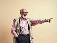 Cheerful elderly professor pointing aside with index finger while smiling and wearing suspenders and eyeglasses, AI generated [IBR125621318]
