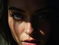 Close-up of a woman's face with shadows highlighting her eyes, AI generated [IBR125621322]