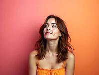 Studio portrait of a cheerful young woman with long brown hair, wearing an orange top, looking up and dreaming on a two-tone background, AI generated [IBR125621325]
