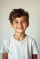 Studio portrait of a cheerful young boy with brown hair, wearing a white t-shirt, exuding happiness and confidence against a light background, AI generated [IBR125621329]