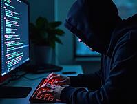 Hacker wearing a hoodie is typing on a keyboard with binary code displayed on a computer monitor, AI generated [IBR125621334]