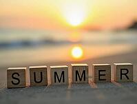 Wooden cubes with the word summer written on them standing on a beach at sunset, AI generated [IBR125621335]