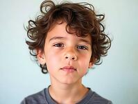 Close-up portrait of a thoughtful young boy with curly hair, conveying a sense of contemplation or uncertainty, AI generated [IBR125621337]