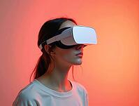 Woman wearing vr headset exploring a metaverse immersive experience in studio with orange light, AI generated [IBR125621338]