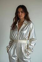 Fashion model wearing a stylish white jumpsuit posing in a studio setting, showcasing contemporary apparel, AI generated [IBR125621342]