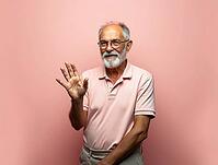 Smiling bearded senior man making stop gesture with hand on pink background, AI generated [IBR125621345]