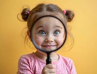 Little girl holding magnifying glass and smiling on yellow background, exploring and discovering, AI generated [IBR125621346]