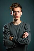 Portrait of a serious young man crossing his arms, looking upset and skeptical on a dark studio background, AI generated [IBR125621348]