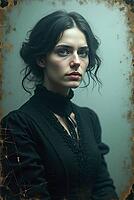 Portrait of a victorian woman with a ghostly, ethereal effect and a cracked glass texture, AI generated [IBR125621350]
