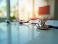 Stethoscope and medical record resting on desk in doctor's office, symbolizing healthcare and medical services, AI generated [IBR125621353]