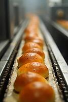 Golden brown buns continuously moving on a conveyor belt, showcasing the automated production process in a bakery, AI generated [IBR125621355]