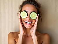 Happy smiling woman with cucumber slices on her eyes having fun during beauty treatment, AI generated [IBR125621356]
