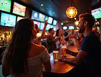 Couple drinking beer and cheering while watching sports game with friends in a crowded bar, AI generated [IBR125621357]