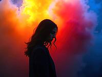 Dramatic silhouette of a businesswoman with colorful smoke cloud in the background, creating a vibrant and surreal atmosphere, AI generated [IBR125621362]