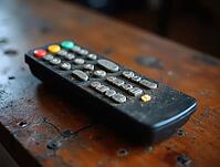 Dusty remote control on a wooden table representing a concept of outdated technology, AI generated [IBR125621363]