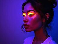 Beautiful woman with glowing neon fluorescent makeup posing in studio with colored lights, AI generated [IBR125621364]