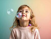 Portrait of a cheerful little girl blowing soap bubbles with a joyful expression on her face, against a pastel-colored studio backdrop, AI generated [IBR125621367]