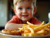 Smiling toddler looking at plate of french fries and burger, childhood obesity concept, AI generated [IBR125621369]