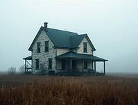 Creepy old abandoned house standing alone in the middle of a foggy field, its paint peeling and roof slightly dilapidated, AI generated [IBR125621370]