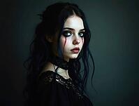 Young woman with dark makeup, including blood tears, and gothic fashion posing against a dark background, AI generated [IBR125621371]