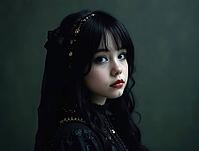 Studio portrait of a gothic model wearing an elegant black dress and golden headband, showcasing dark fashion aesthetics, AI generated [IBR125621372]