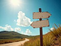 Two blank signs on a wooden post pointing in opposite directions on a sunny day, AI generated [IBR125636862]