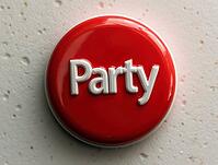 Red button with the word party inviting to push it and start the celebration, AI generated [IBR125636863]