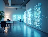 Modern office interior showcasing holographic projections of technical drawings and binary code, illuminated by ambient blue light, AI generated [IBR125636864]