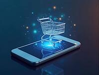 Hologram shopping cart hovering over smartphone, representing e-commerce, online shopping, and digital marketing, AI generated [IBR125636865]