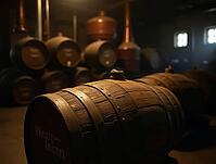Oak barrel aging whiskey in a traditional distillery cellar, showing the craftsmanship and tradition of spirits production, AI generated [IBR125636866]