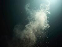 Smoke and particles swirling together, creating abstract shapes against a dark background, illuminated by a bright light source, AI generated [IBR125636867]