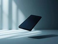 Sleek, black smartphone hovers in an empty room, illuminated by dramatic lighting from a window, creating a minimalist yet striking composition, AI generated [IBR125636869]