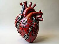 Red mechanical heart with gears and pipes is pumping on neutral background, showing concept of artificial organ, AI generated [IBR125636872]