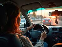 Female driver navigating through evening traffic while sun is setting, creating warm atmosphere inside vehicle, AI generated [IBR125636873]