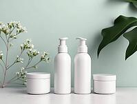 Skincare products bottles and jars on marble table with green leaves and white flowers creating a fresh and natural atmosphere, AI generated [IBR125636877]