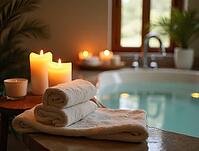 White fluffy towels are placed near burning candles, next to a bathtub with turquoise water, creating a relaxing atmosphere in a luxurious bathroom, AI generated [IBR125636878]