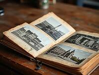 Open vintage photo album displaying black and white pictures of famous landmarks resting on a wooden table, evoking nostalgia and travel memories, AI generated [IBR125636879]